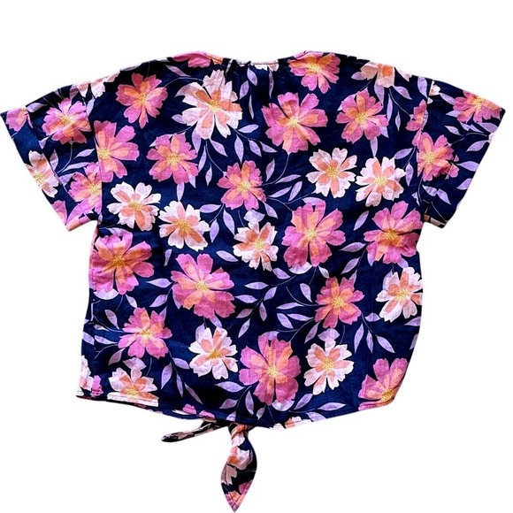 Charter Club Linen Floral‎ Print Button Front Tie Waist Short Sleeve Blouse M - Picture 5 of 7